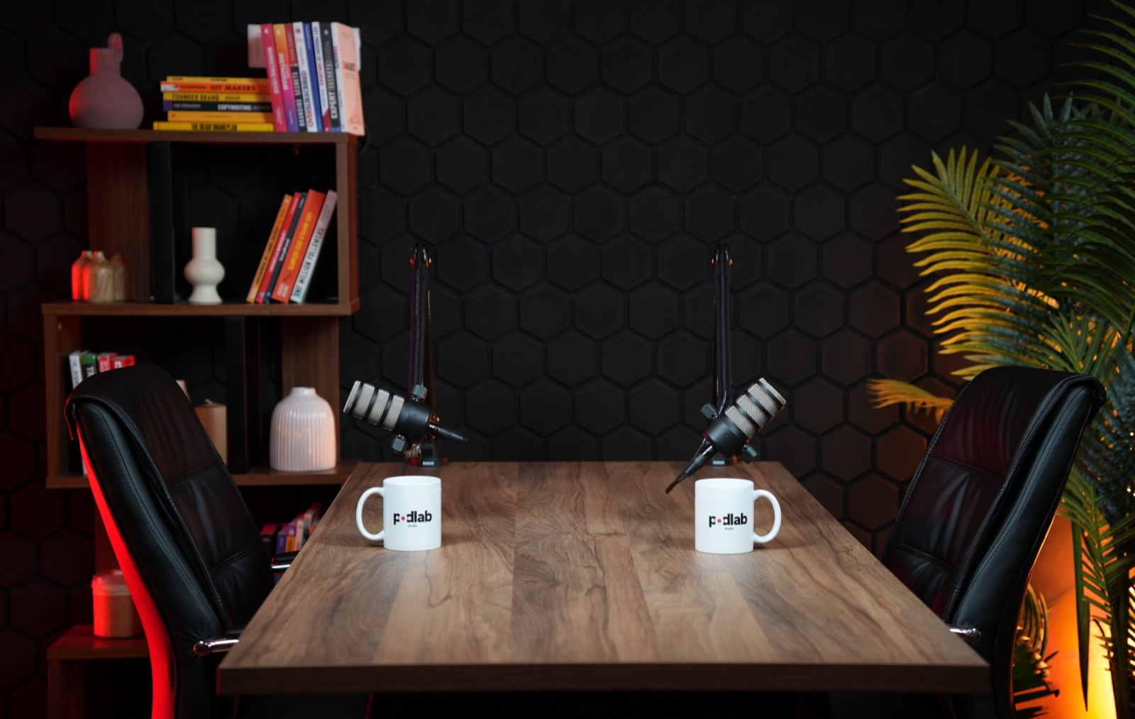 Le studio Podlab : table et deux micros